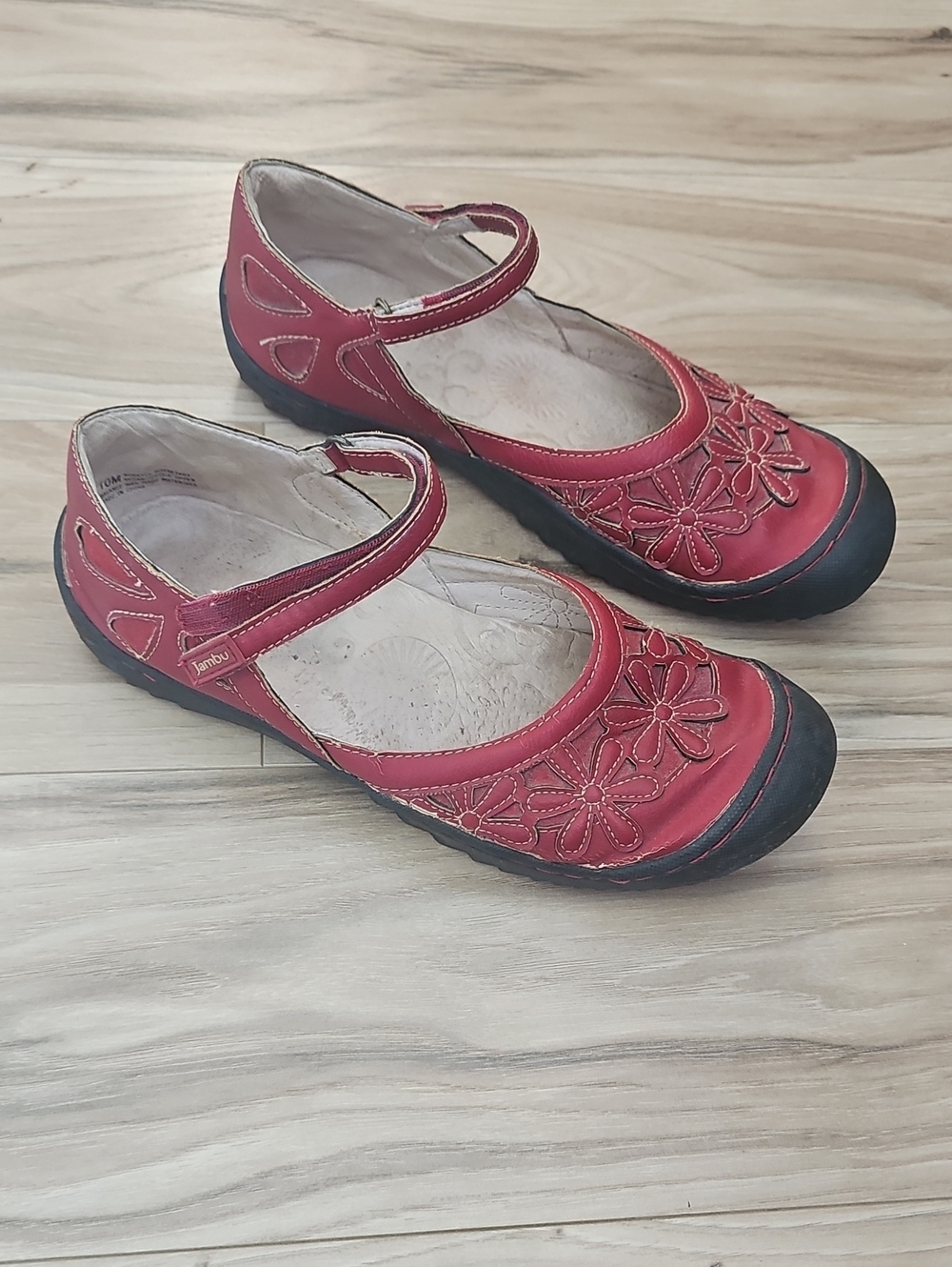 JBU Red Floral Mary Jane Flats with Black Trim